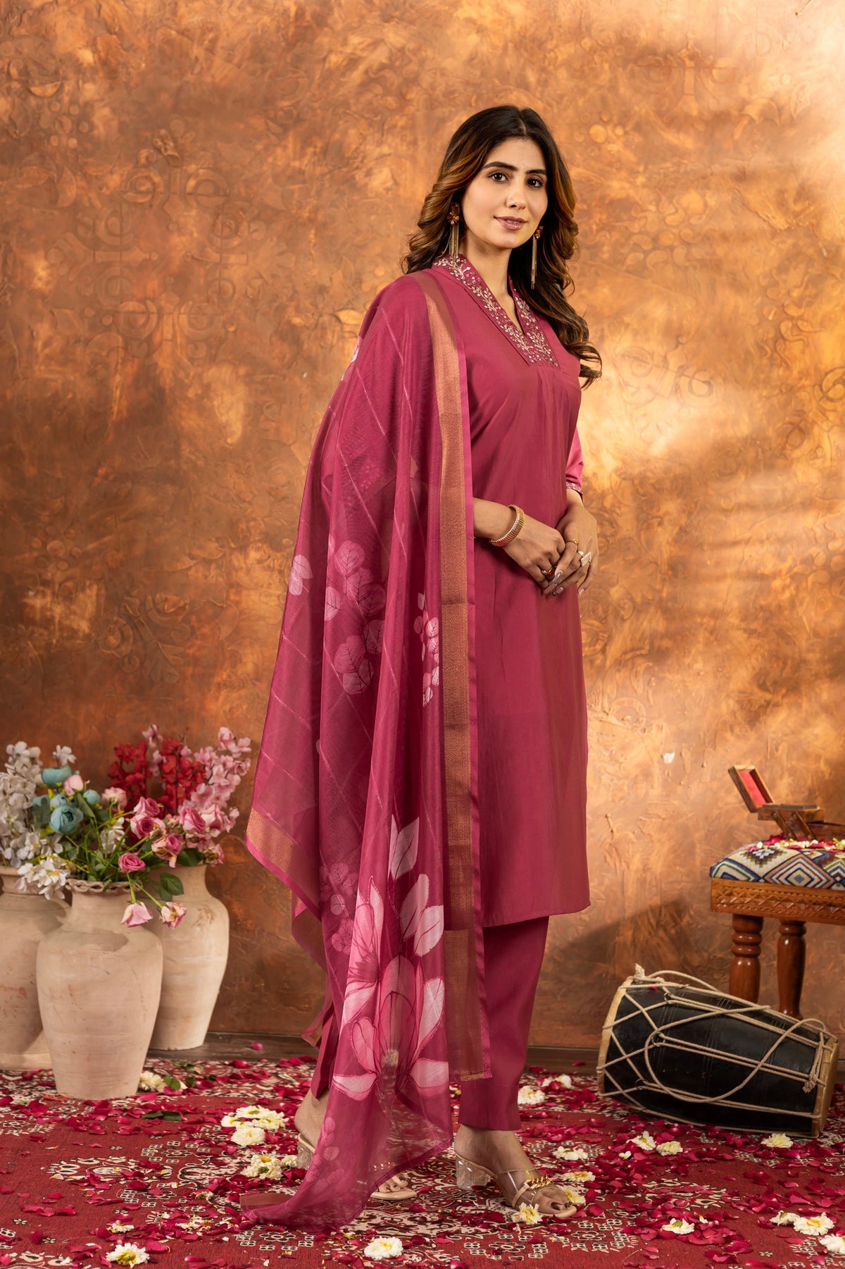 Lorenvalley Fashion Gajari Roman Silk Embroidery Sequins with Hand work Kurta Pant Dupatta | Grocsy