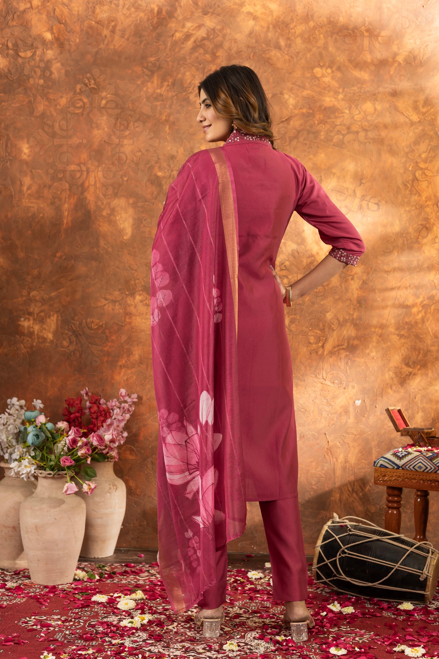 Lorenvalley Fashion Gajari Roman Silk Embroidery Sequins with Hand work Kurta Pant Dupatta | Grocsy