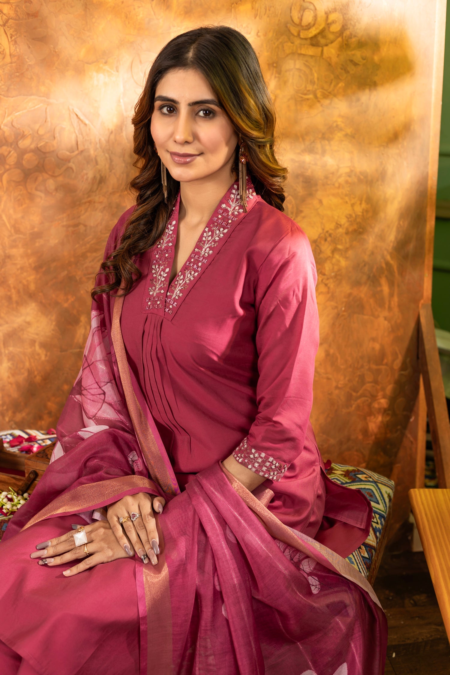 Lorenvalley Fashion Gajari Roman Silk Embroidery Sequins with Hand work Kurta Pant Dupatta | Grocsy