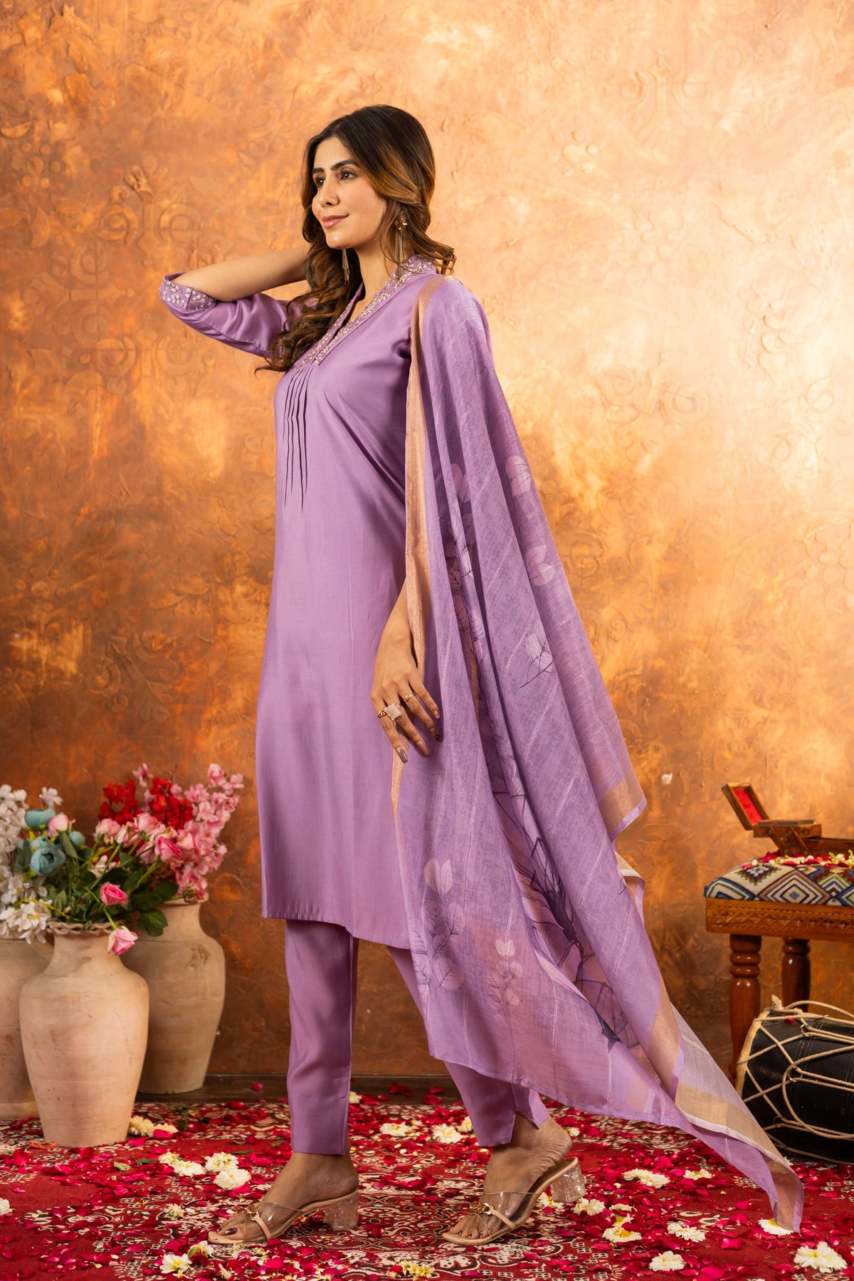 Lorenvalley Fashion Lavender Roman Silk Embroidery Sequins with Hand work Kurta Pant Dupatta | Grocsy