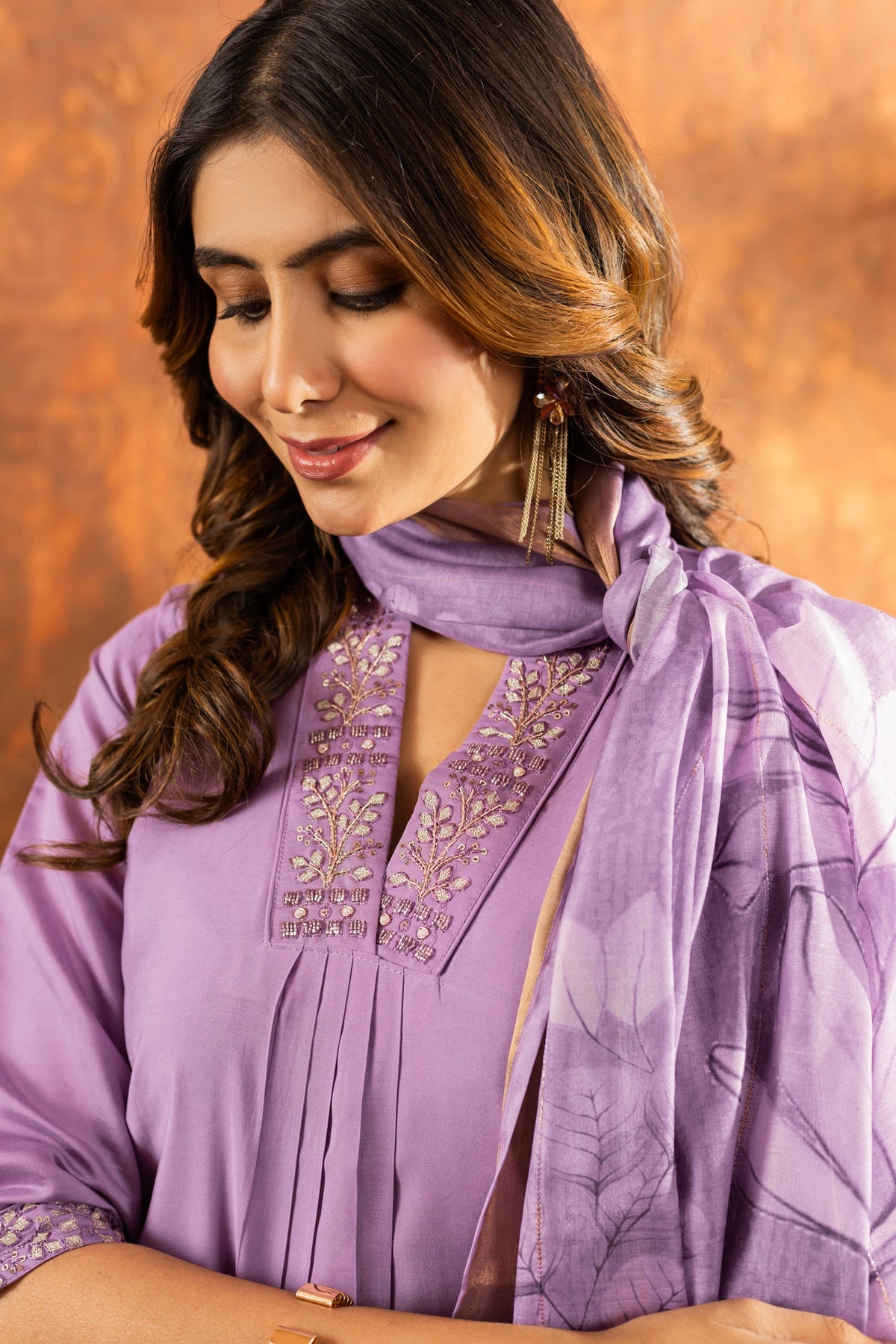 Lorenvalley Fashion Lavender Roman Silk Embroidery Sequins with Hand work Kurta Pant Dupatta | Grocsy
