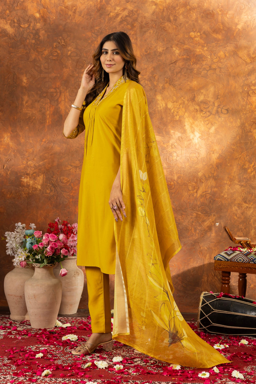 Lorenvalley Fashion Mustard Roman Silk Embroidery Sequins with Hand work Kurta Pant Dupatta | Grocsy