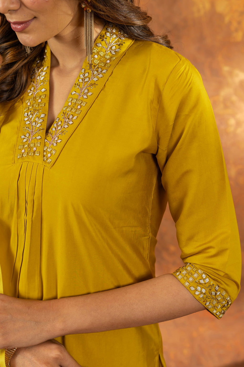 Lorenvalley Fashion Mustard Roman Silk Embroidery Sequins with Hand work Kurta Pant Dupatta | Grocsy