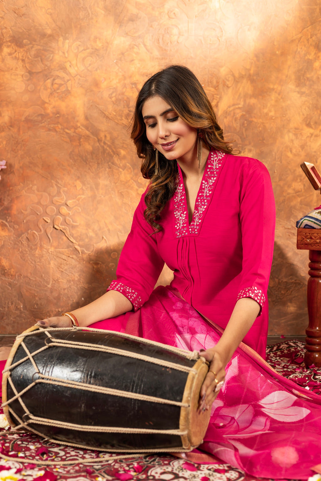 Lorenvalley Fashion Pink Roman Silk Embroidery Sequins with Hand work Kurta Pant Dupatta | Grocsy