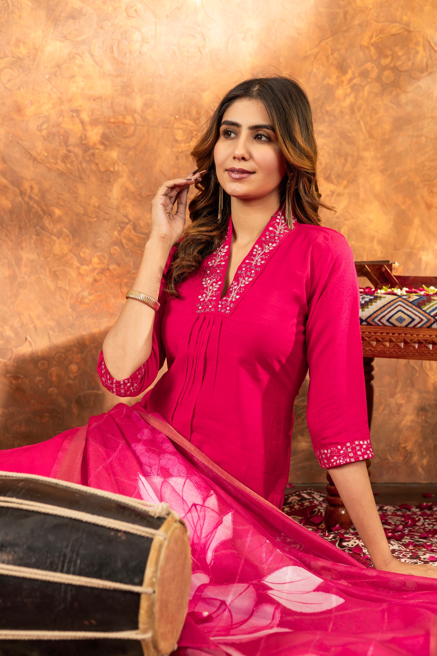 Lorenvalley Fashion Pink Roman Silk Embroidery Sequins with Hand work Kurta Pant Dupatta | Grocsy