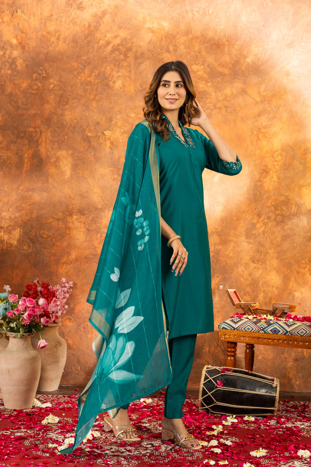 Lorenvalley Fashion Rama Roman Silk Embroidery Sequins with Hand work Kurta Pant Dupatta | Grocsy