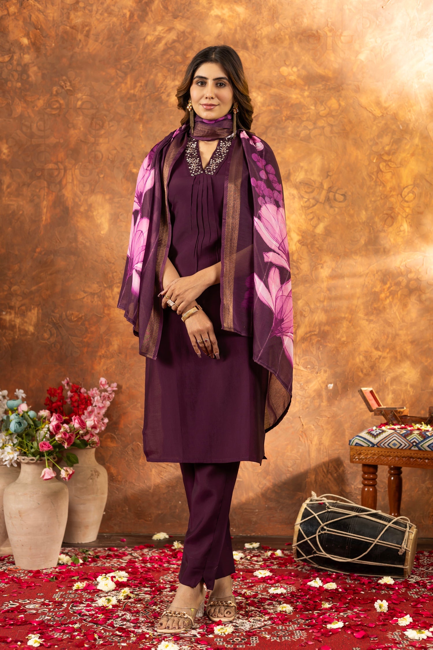 Lorenvalley Fashion Wine Roman Silk Embroidery Sequins with Hand work Kurta Pant Dupatta | Grocsy