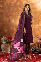 Lorenvalley Fashion Wine Roman Silk Embroidery Sequins with Hand work Kurta Pant Dupatta | Grocsy