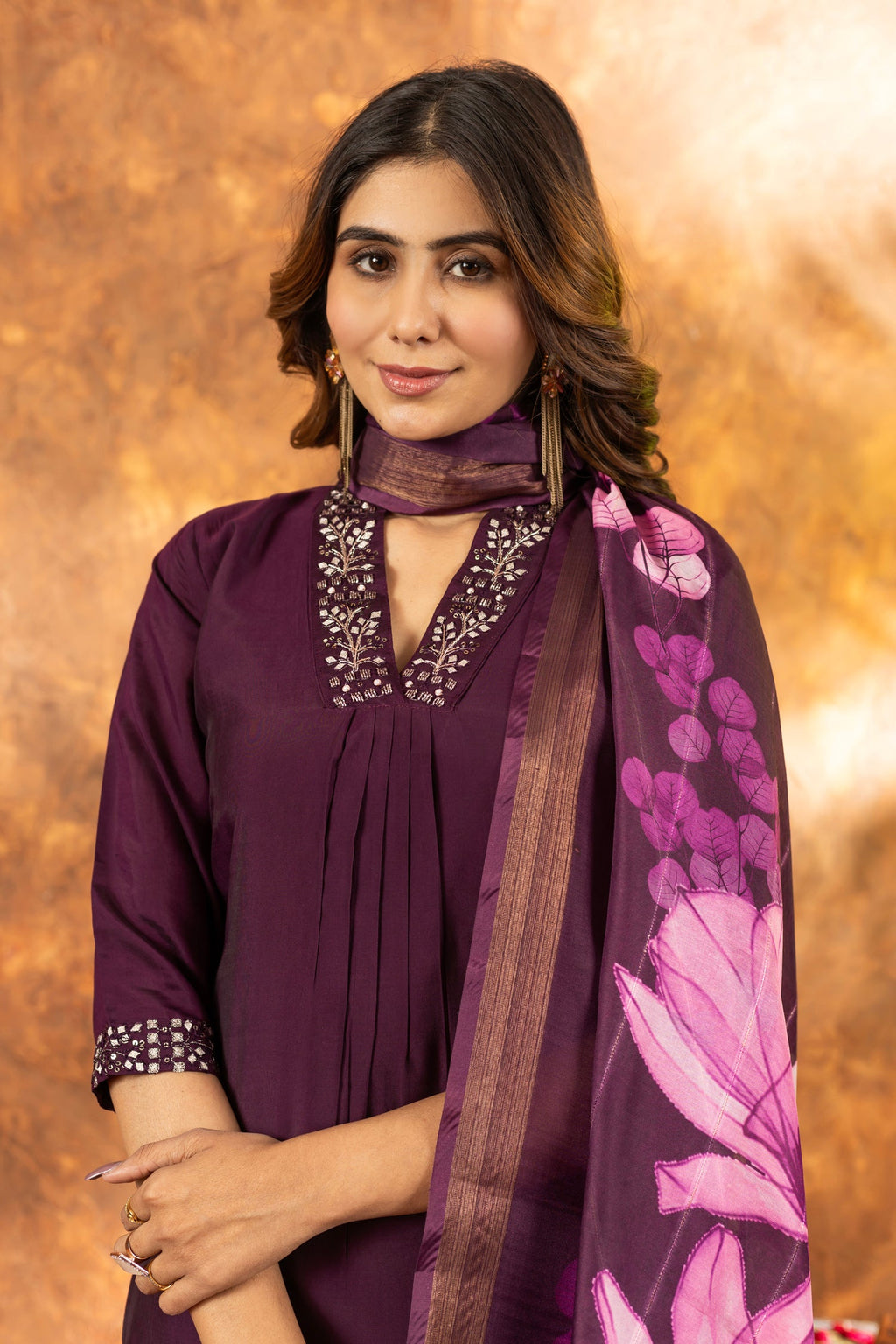 Lorenvalley Fashion Wine Roman Silk Embroidery Sequins with Hand work Kurta Pant Dupatta | Grocsy