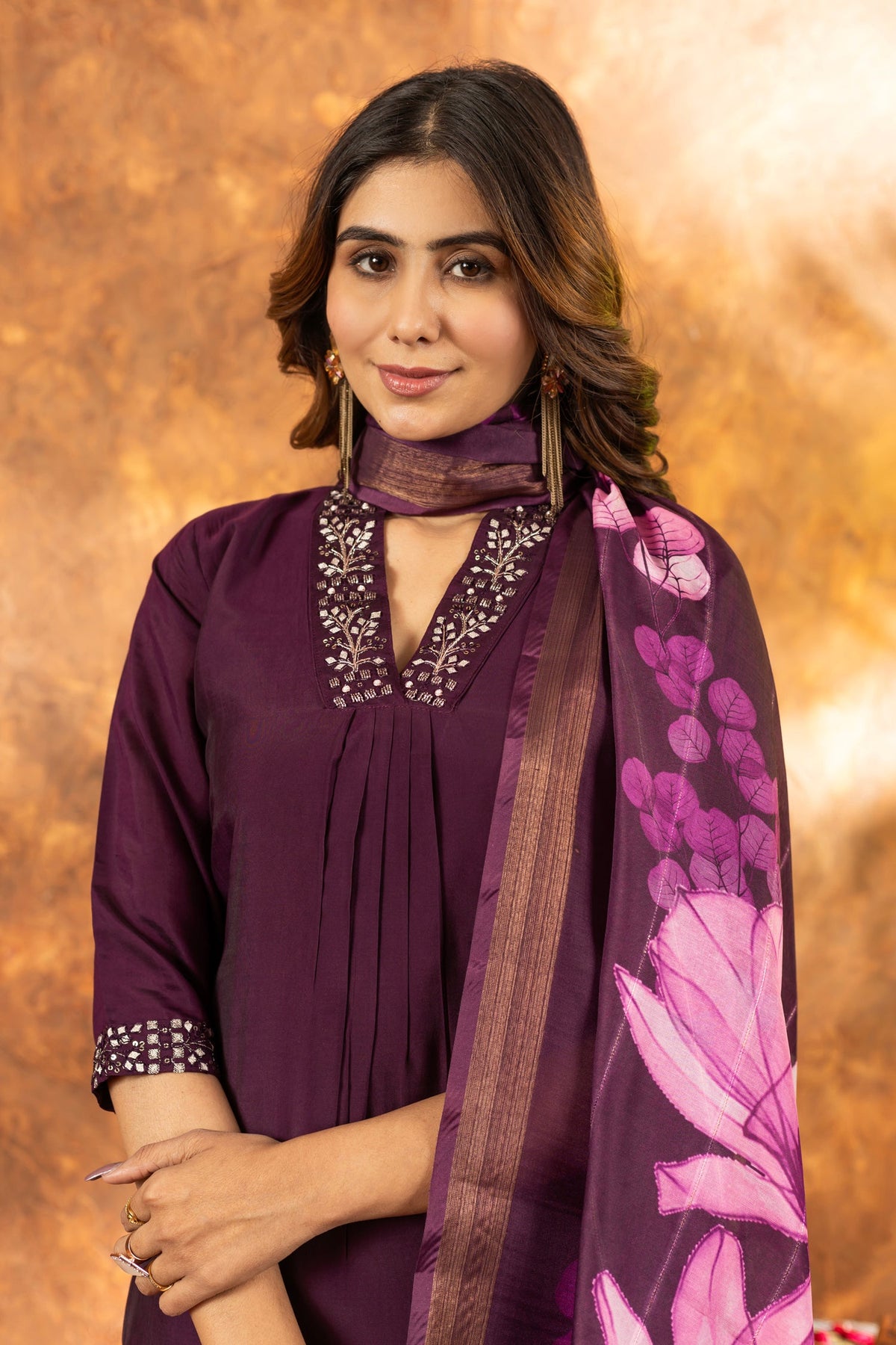 Lorenvalley Fashion Wine Roman Silk Embroidery Sequins with Hand work Kurta Pant Dupatta | Grocsy
