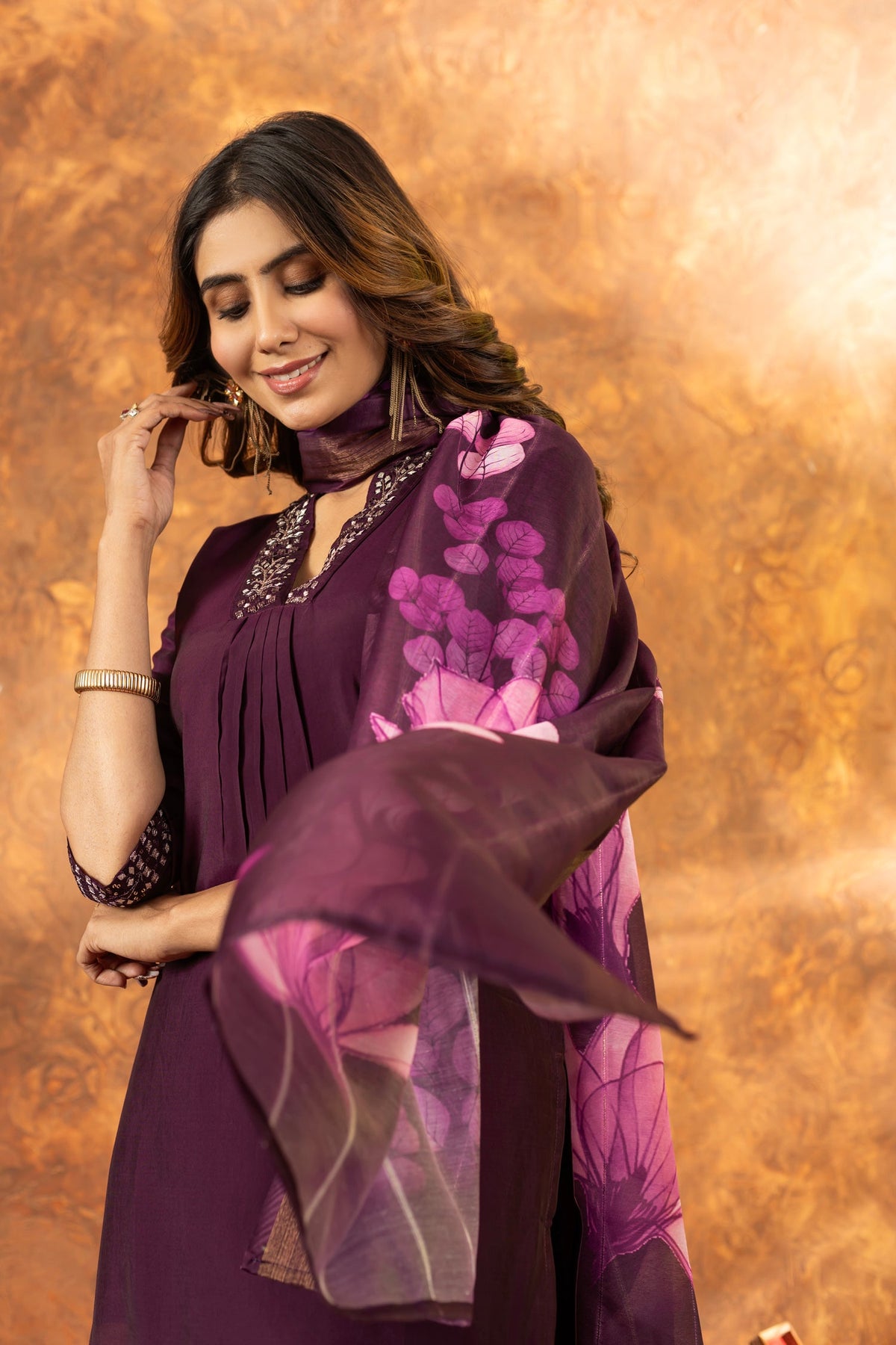 Lorenvalley Fashion Wine Roman Silk Embroidery Sequins with Hand work Kurta Pant Dupatta | Grocsy