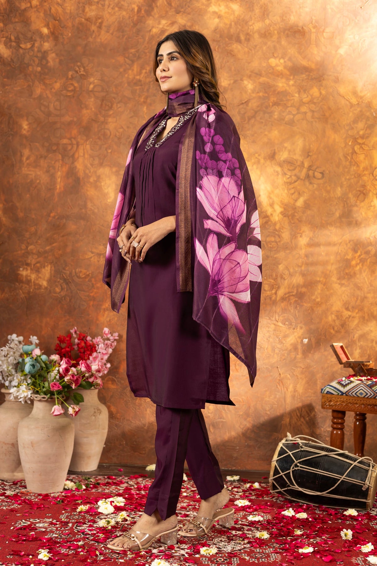 Lorenvalley Fashion Wine Roman Silk Embroidery Sequins with Hand work Kurta Pant Dupatta | Grocsy