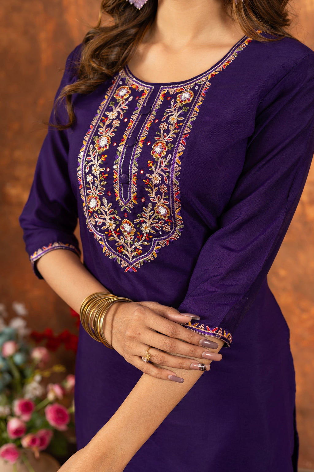 Lorenvalley Fashion Purple Marina Silk Multi Embroidery Thread with Hand work Kurta Pant Dupatta | Grocsy