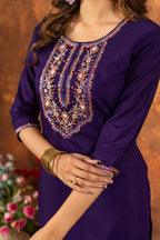 Lorenvalley Fashion Purple Marina Silk Multi Embroidery Thread with Hand work Kurta Pant Dupatta | Grocsy