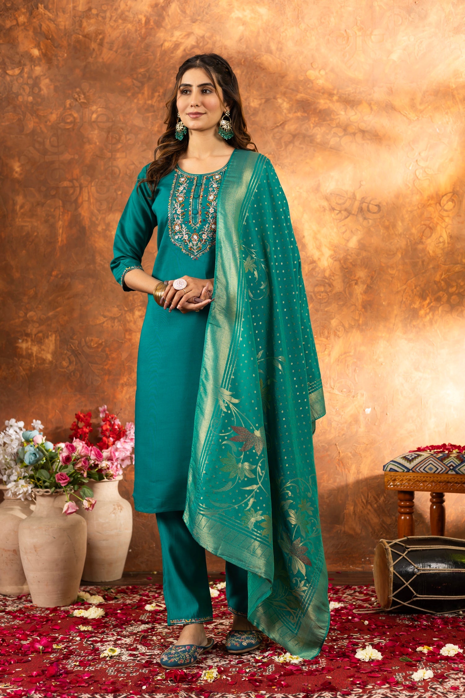 Lorenvalley Fashion Rama Marina Silk Multi Embroidery Thread with Hand work Kurta Pant Dupatta | Grocsy