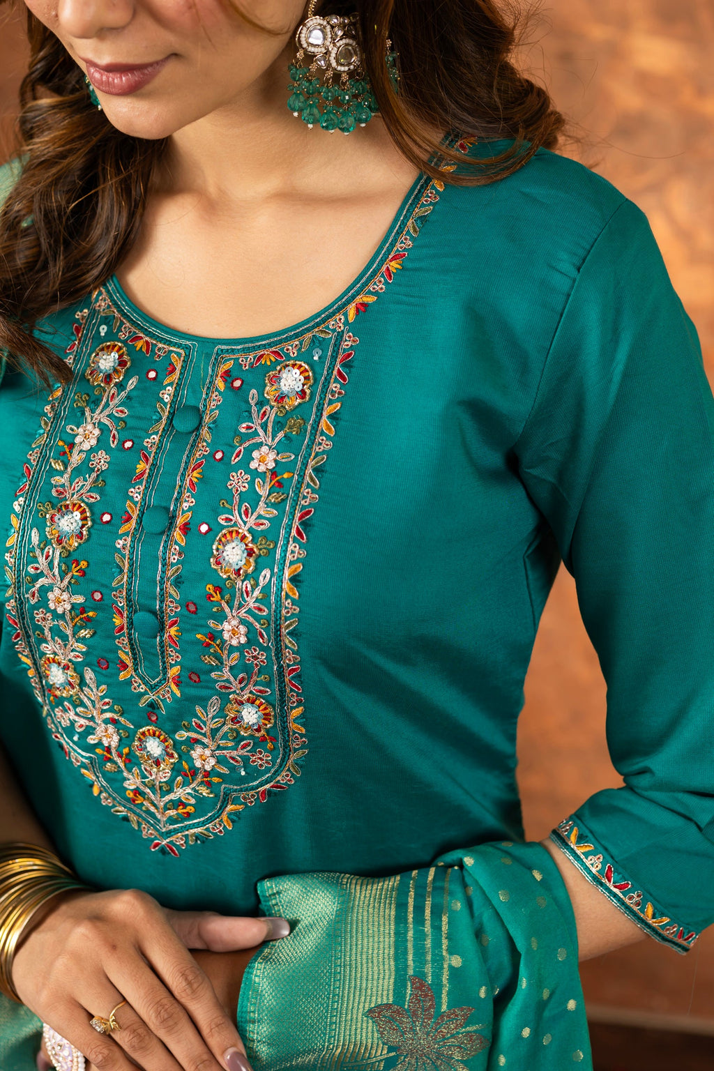 Lorenvalley Fashion Rama Marina Silk Multi Embroidery Thread with Hand work Kurta Pant Dupatta | Grocsy