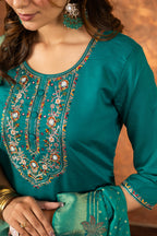 Lorenvalley Fashion Rama Marina Silk Multi Embroidery Thread with Hand work Kurta Pant Dupatta | Grocsy