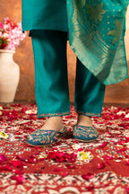 Lorenvalley Fashion Rama Marina Silk Multi Embroidery Thread with Hand work Kurta Pant Dupatta | Grocsy