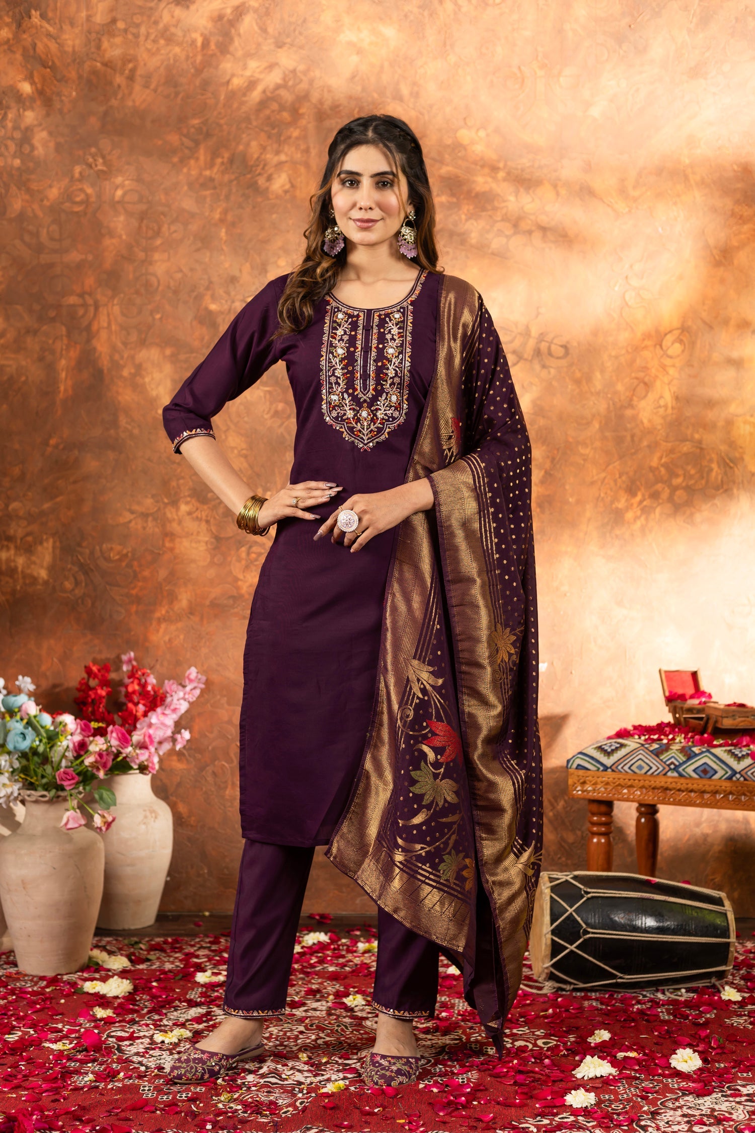 Lorenvalley Fashion Wine Marina Silk Multi Embroidery Thread with Hand work Kurta Pant Dupatta | Grocsy