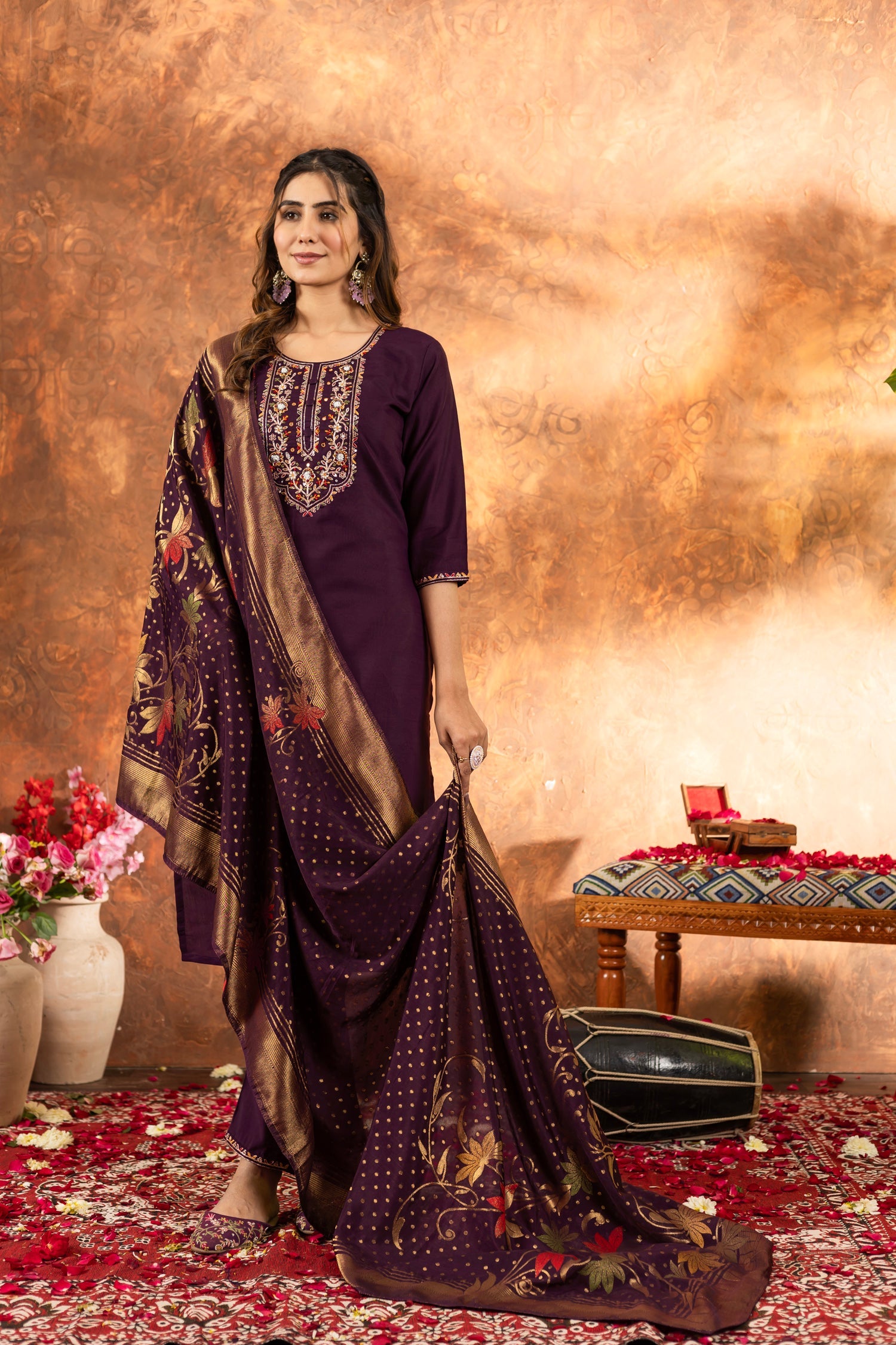 Lorenvalley Fashion Wine Marina Silk Multi Embroidery Thread with Hand work Kurta Pant Dupatta | Grocsy