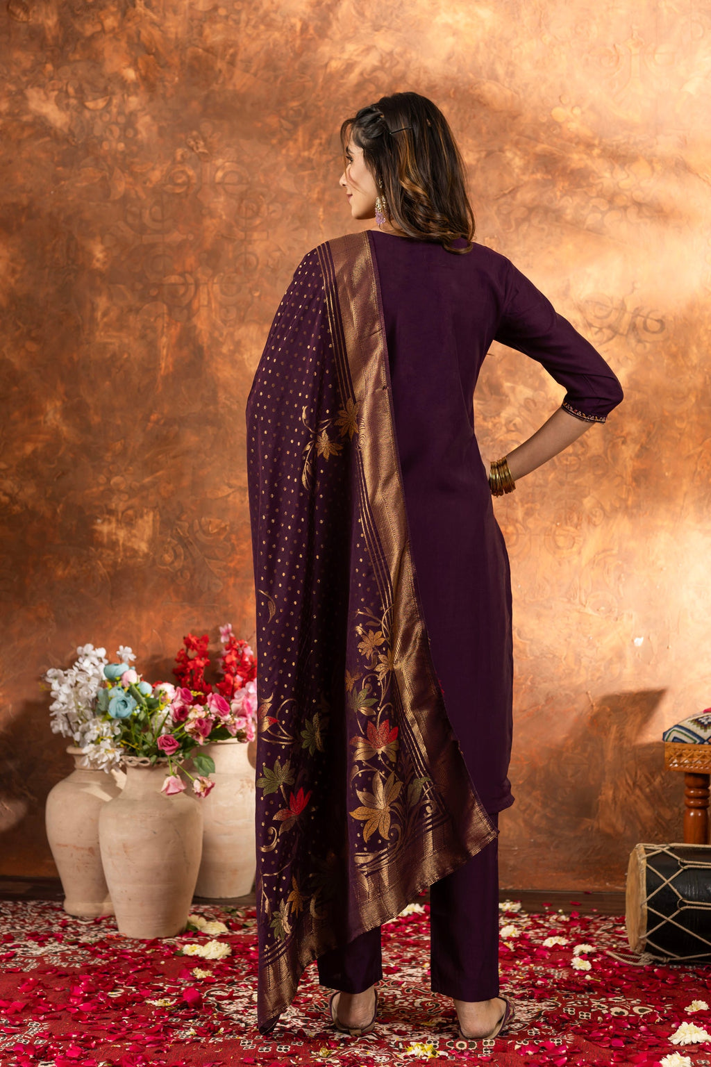 Lorenvalley Fashion Wine Marina Silk Multi Embroidery Thread with Hand work Kurta Pant Dupatta | Grocsy