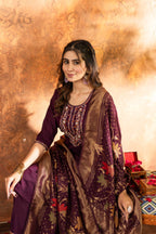 Lorenvalley Fashion Wine Marina Silk Multi Embroidery Thread with Hand work Kurta Pant Dupatta | Grocsy