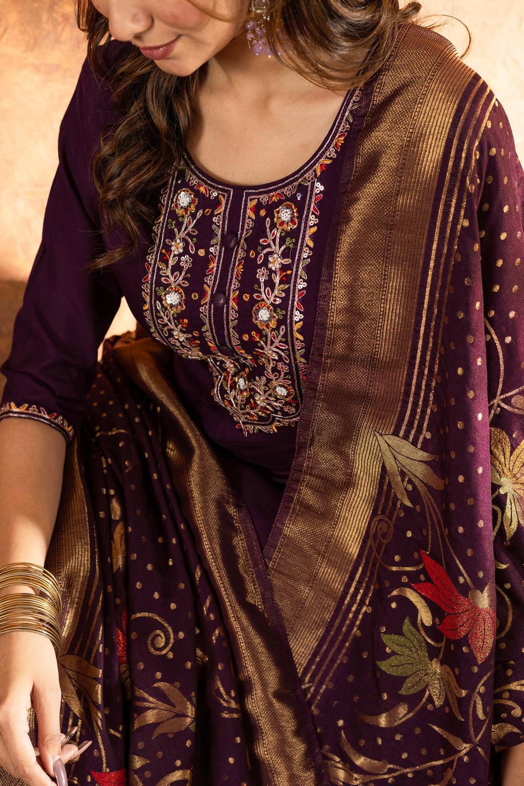 Lorenvalley Fashion Wine Marina Silk Multi Embroidery Thread with Hand work Kurta Pant Dupatta | Grocsy