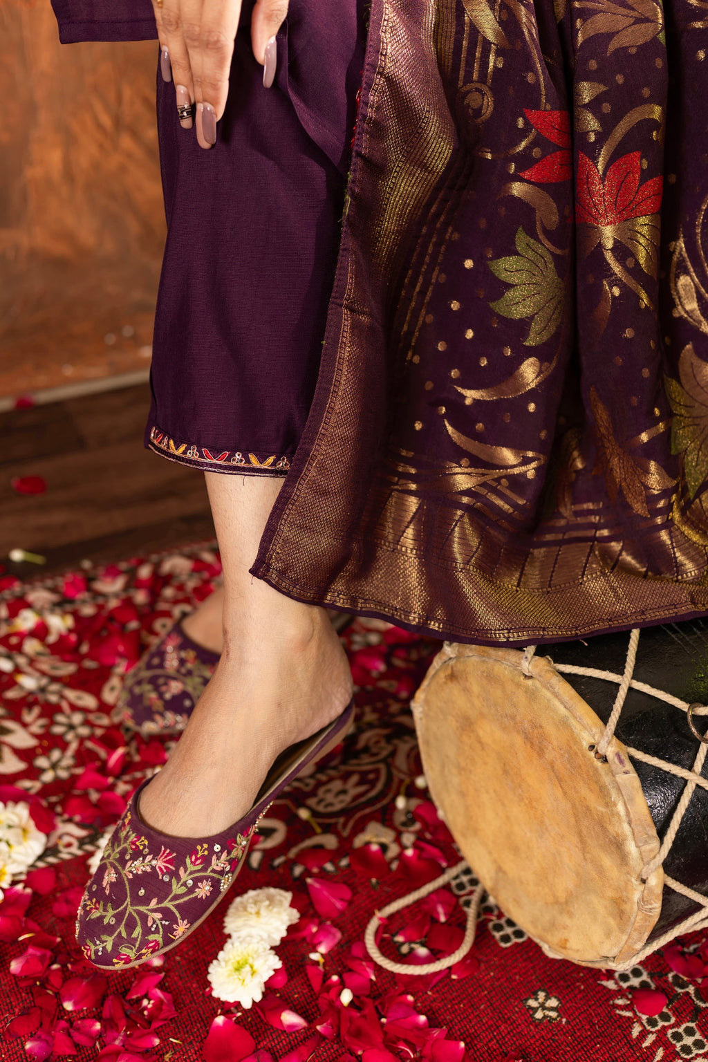 Lorenvalley Fashion Wine Marina Silk Multi Embroidery Thread with Hand work Kurta Pant Dupatta | Grocsy
