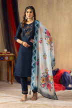 Lorenvalley Fashion Blue Viscose mango silk Multi Embroidery Thread with Hand Work Kurta Pant Dupatta | Grocsy