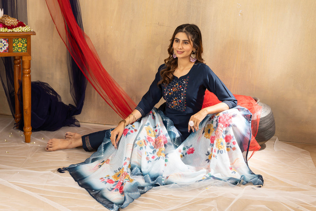Lorenvalley Fashion Blue Viscose mango silk Multi Embroidery Thread with Hand Work Kurta Pant Dupatta | Grocsy