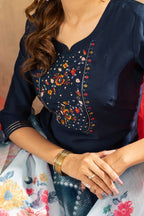 Lorenvalley Fashion Blue Viscose mango silk Multi Embroidery Thread with Hand Work Kurta Pant Dupatta | Grocsy