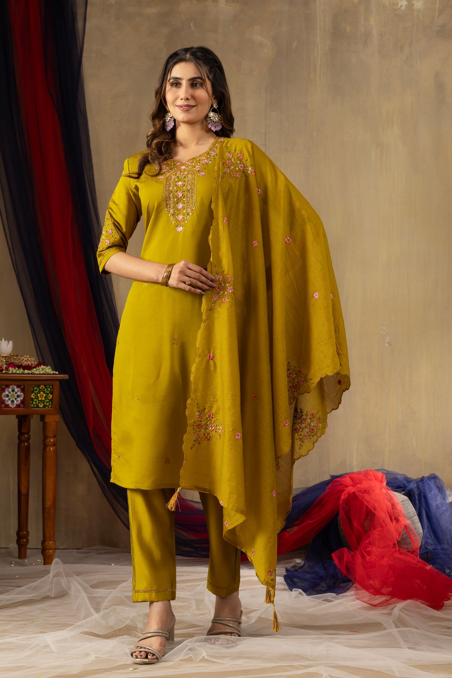 Lorenvalley Fashion Mustard Roman Silk Embroidery Sequins with Hand work Kurta Pant Dupatta | Grocsy