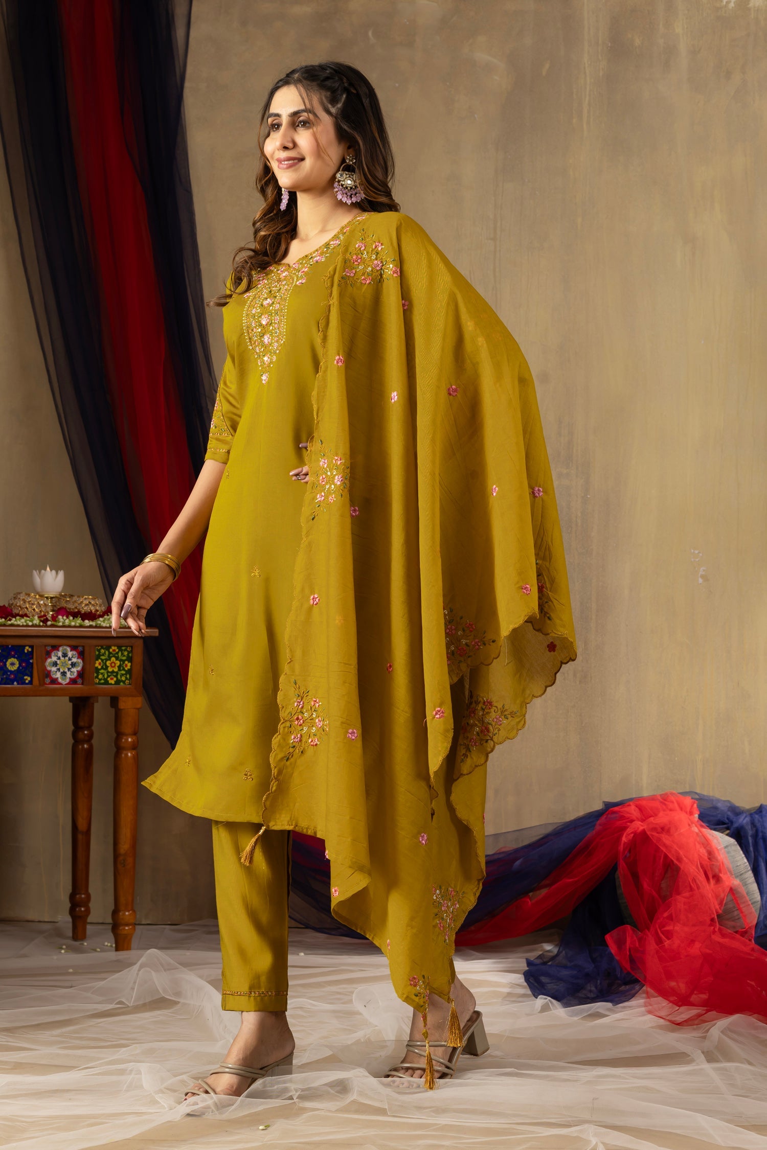Lorenvalley Fashion Mustard Roman Silk Embroidery Sequins with Hand work Kurta Pant Dupatta | Grocsy