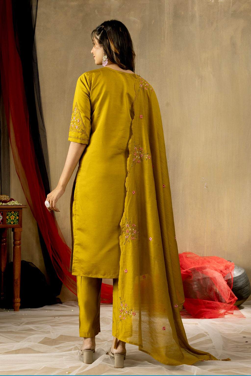 Lorenvalley Fashion Mustard Roman Silk Embroidery Sequins with Hand work Kurta Pant Dupatta | Grocsy