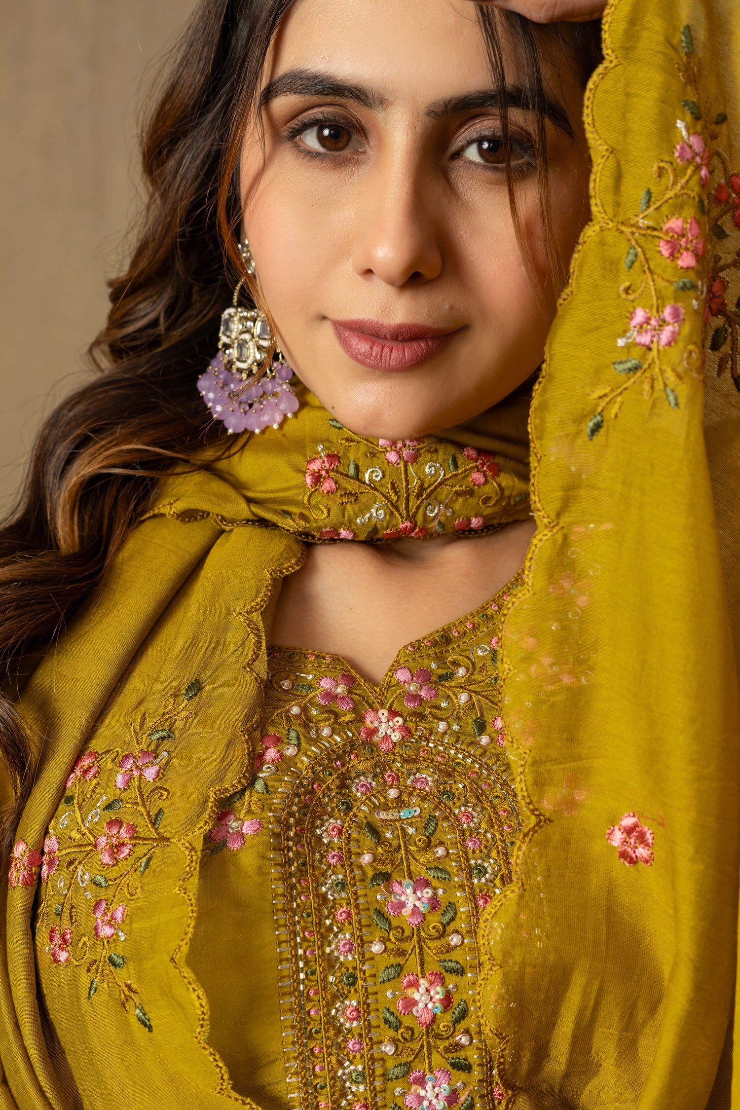 Lorenvalley Fashion Mustard Roman Silk Embroidery Sequins with Hand work Kurta Pant Dupatta | Grocsy