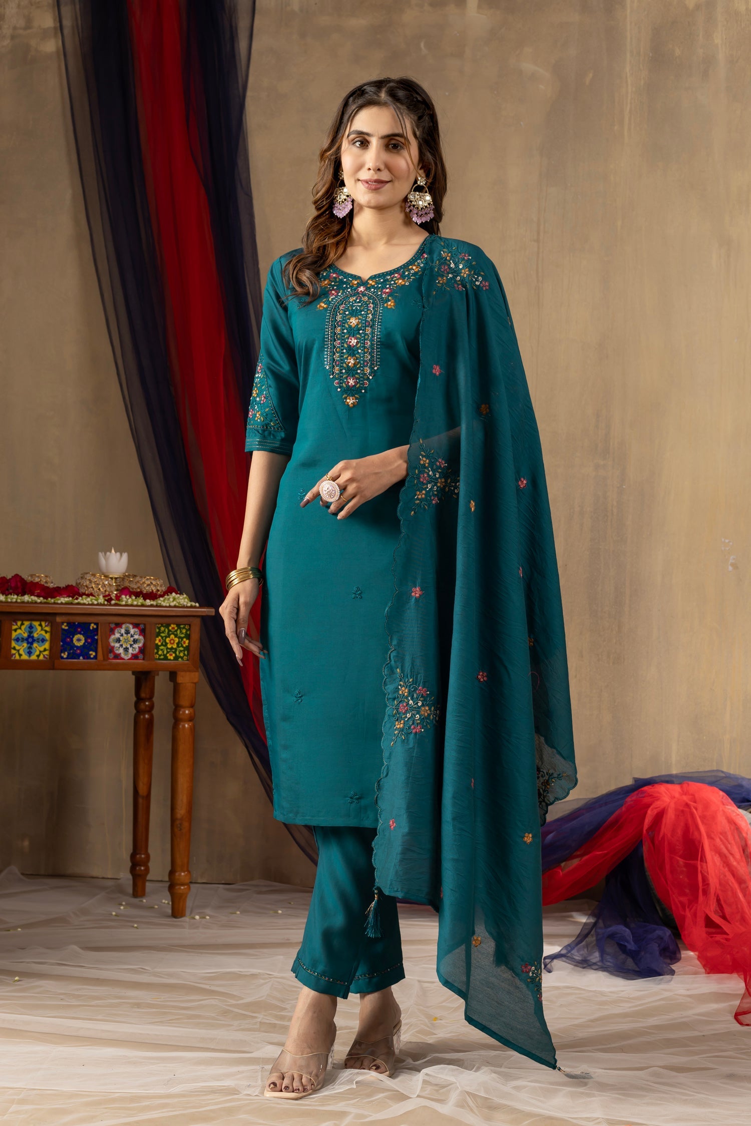 Lorenvalley Fashion Rama Roman Silk Embroidery Sequins with Hand work Kurta Pant Dupatta | Grocsy