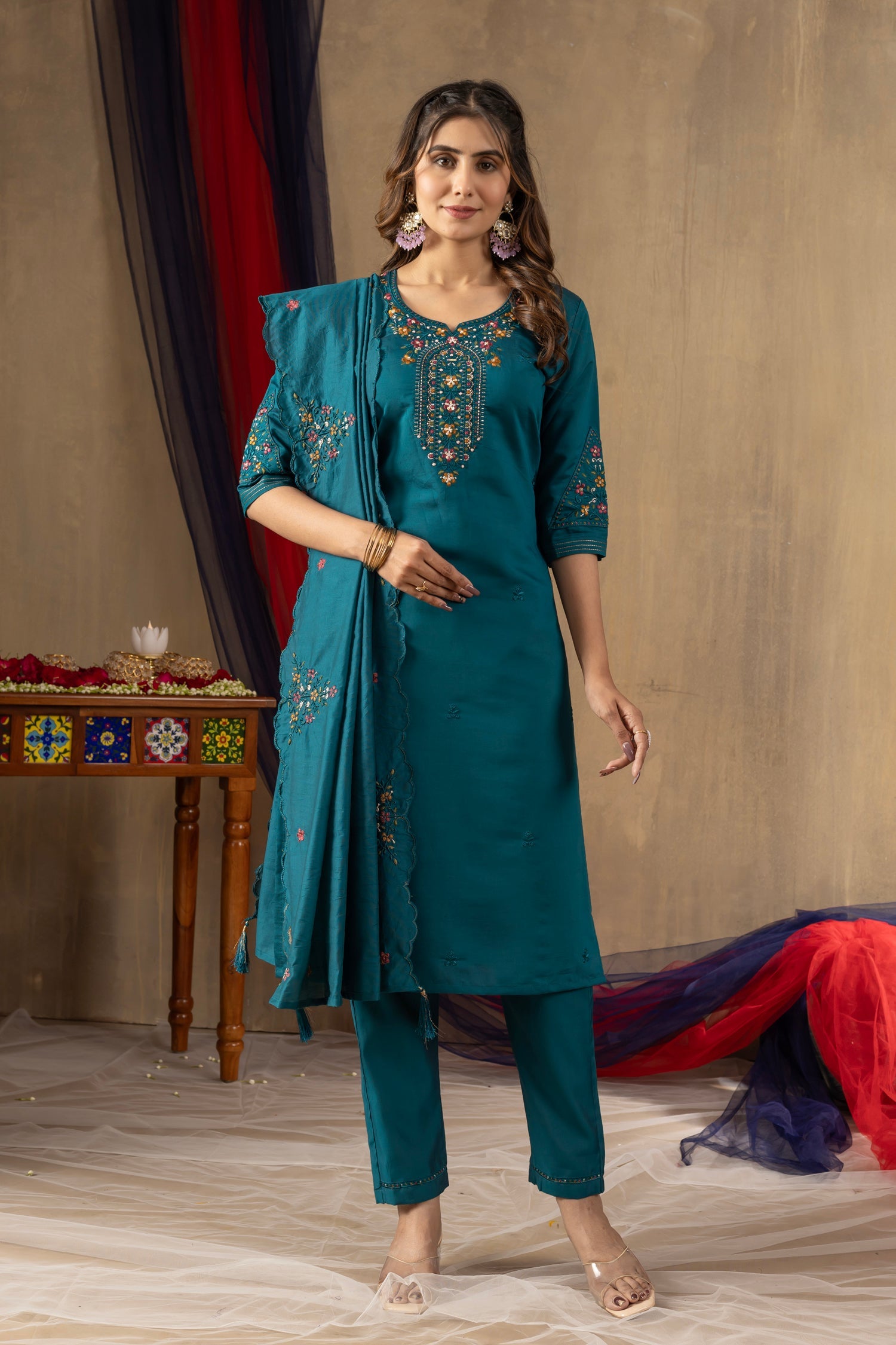 Lorenvalley Fashion Rama Roman Silk Embroidery Sequins with Hand work Kurta Pant Dupatta | Grocsy