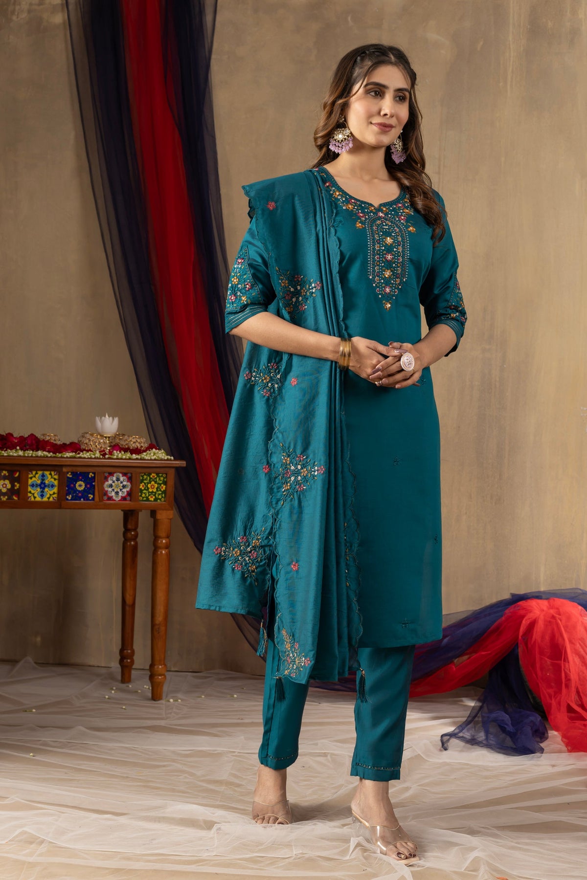 Lorenvalley Fashion Rama Roman Silk Embroidery Sequins with Hand work Kurta Pant Dupatta | Grocsy
