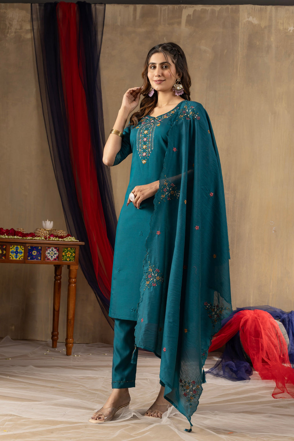 Lorenvalley Fashion Rama Roman Silk Embroidery Sequins with Hand work Kurta Pant Dupatta | Grocsy