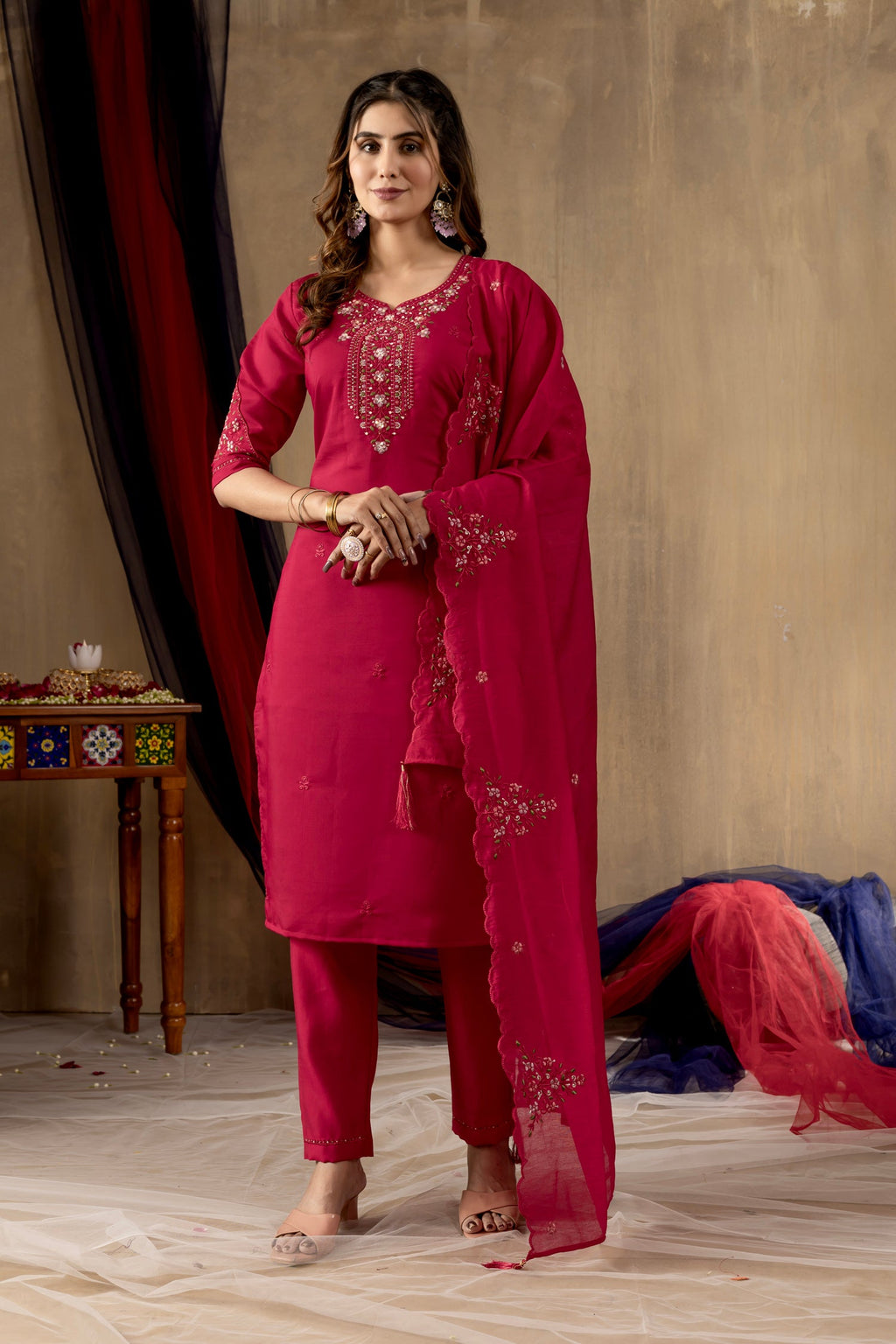 Lorenvalley Fashion Ranipink Roman Silk Embroidery Sequins with Hand work Kurta Pant Dupatta | Grocsy