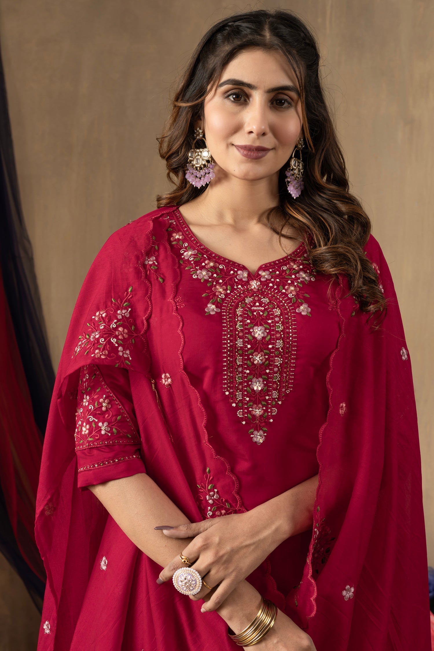 Lorenvalley Fashion Ranipink Roman Silk Embroidery Sequins with Hand work Kurta Pant Dupatta | Grocsy