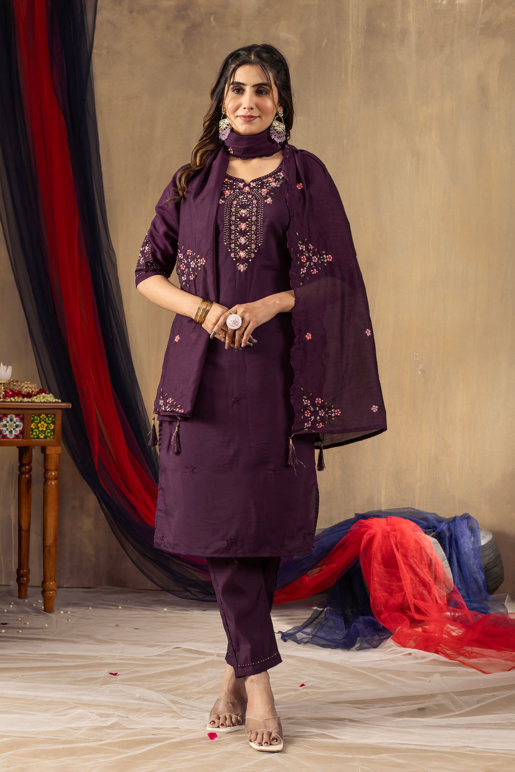 Lorenvalley Fashion Wine Roman Silk Embroidery Sequins with Hand work Kurta Pant Dupatta | Grocsy