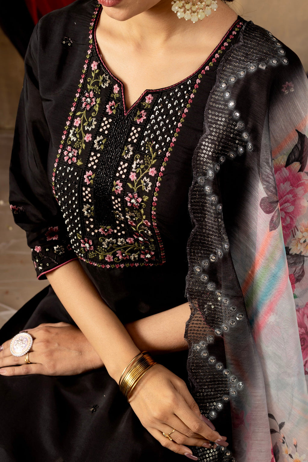 Lorenvalley Fashion Black Roman Silk Embroidery Sequins with Hand work Kurta Pant Dupatta | Grocsy