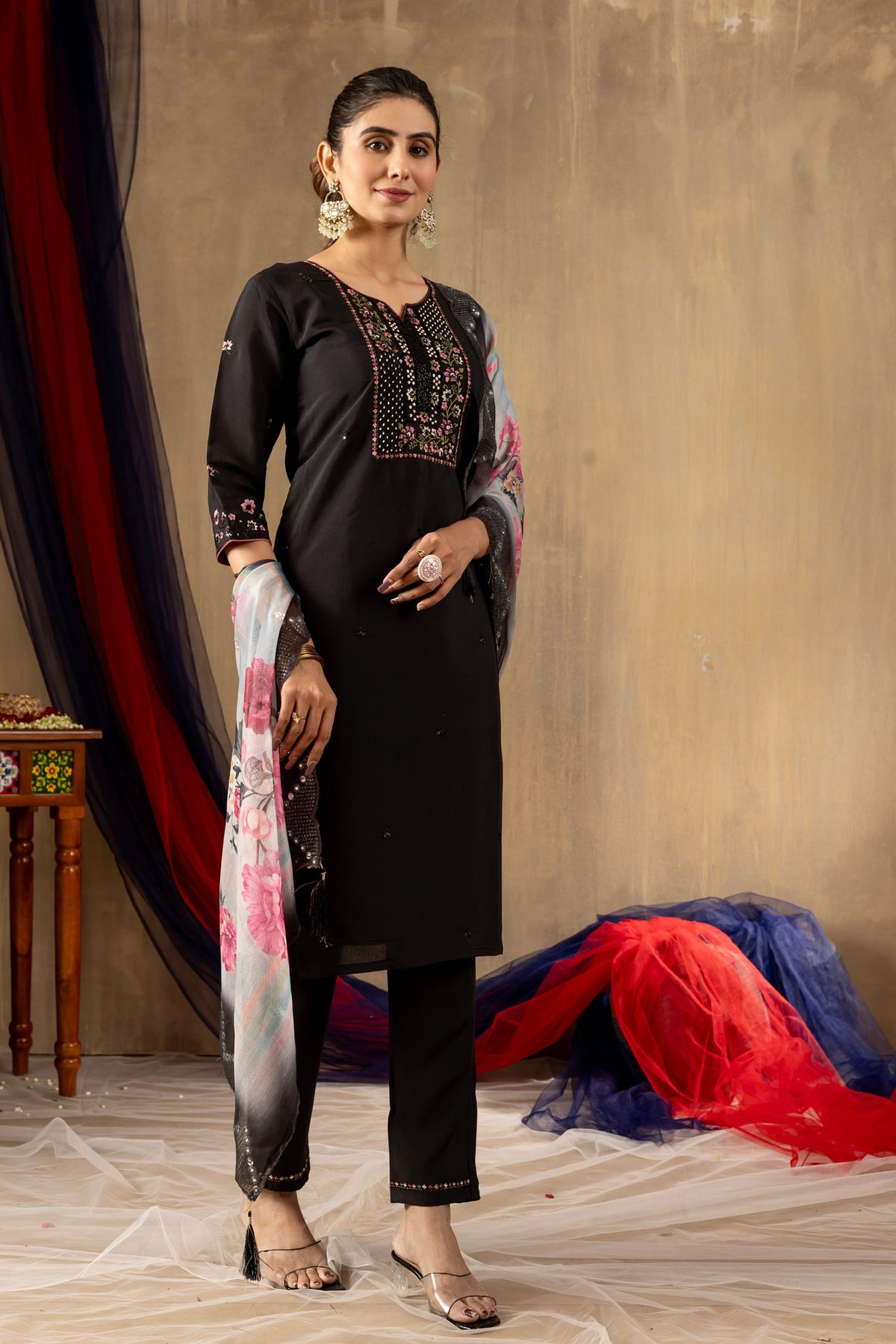 Lorenvalley Fashion Black Roman Silk Embroidery Sequins with Hand work Kurta Pant Dupatta | Grocsy