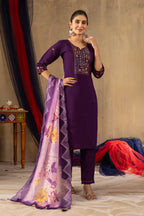 Lorenvalley Fashion Purple Roman Silk Embroidery Sequins with Hand work Kurta Pant Dupatta | Grocsy