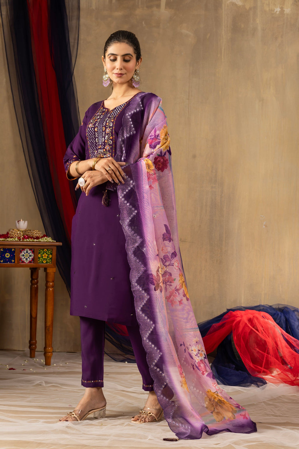 Lorenvalley Fashion Purple Roman Silk Embroidery Sequins with Hand work Kurta Pant Dupatta | Grocsy