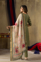Lorenvalley Fashion Green Shimmer Gold Silk Multi Embroidery Thread With Hand Work Kurta Pant Dupatta | Grocsy