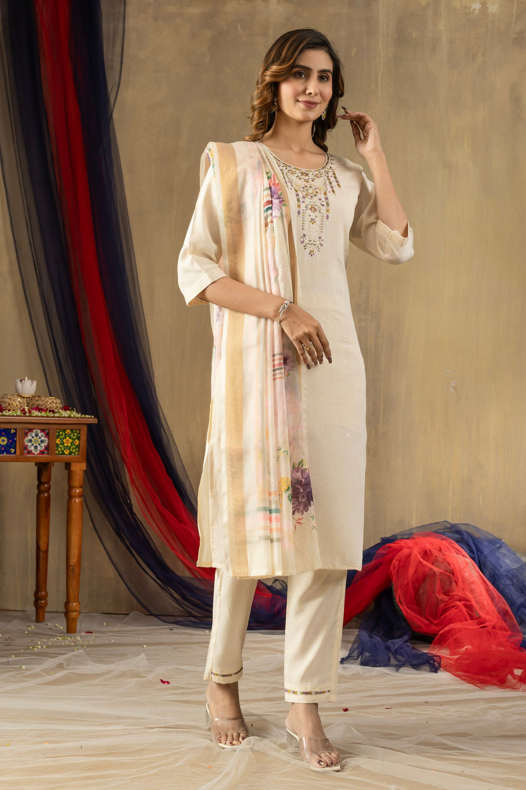 Lorenvalley Fashion Offwhite Shimmer Gold Silk Multi Embroidery Thread With Hand Work Kurta Pant Dupatta | Grocsy