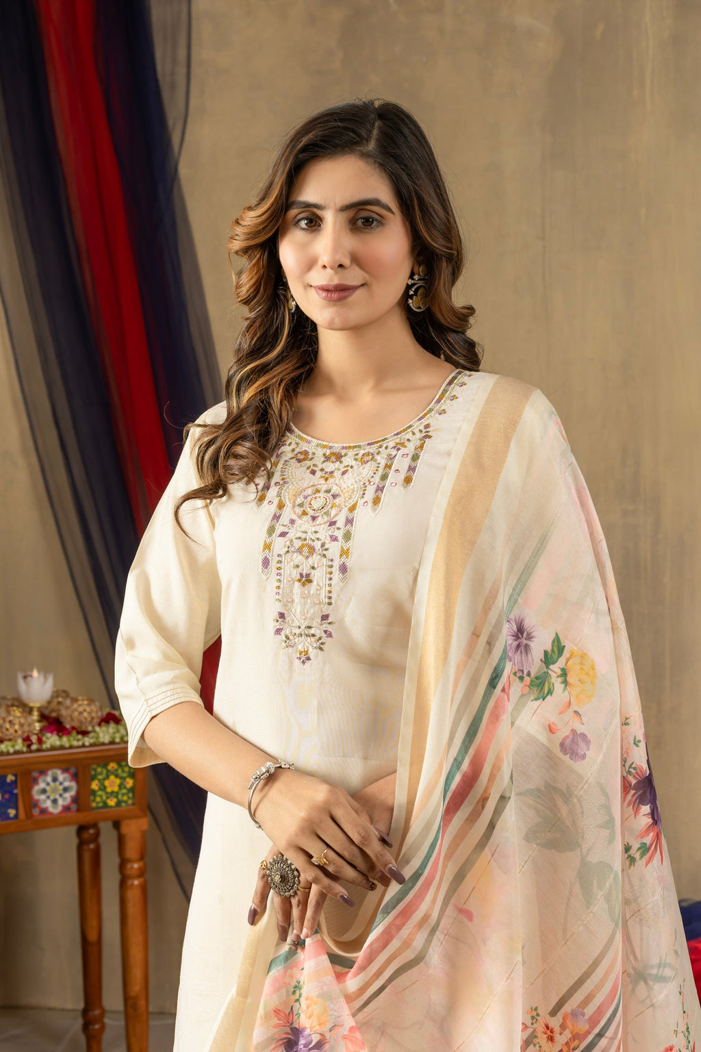 Lorenvalley Fashion Offwhite Shimmer Gold Silk Multi Embroidery Thread With Hand Work Kurta Pant Dupatta | Grocsy