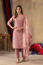 Lorenvalley Fashion Onionpink Shimmer Gold Silk Multi Embroidery Thread With Hand Work Kurta Pant Dupatta | Grocsy